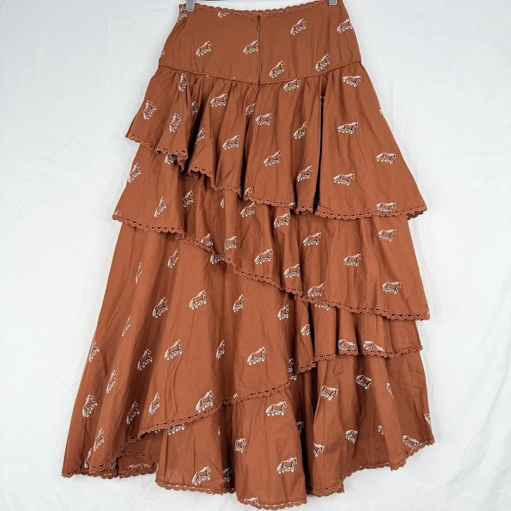 FARM Rio for Anthropologie Maxi skirt Rusty Brown Embroidered Horse Layered XS